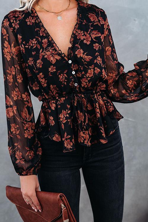 Flroal Print Button V Neck Blouse