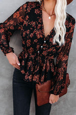 Flroal Print Button V Neck Blouse