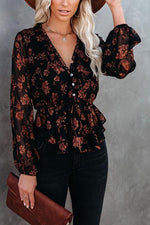 Flroal Print Button V Neck Blouse