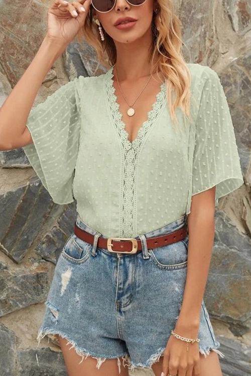 Lace V Neck Flares Short Sleeve Blouse