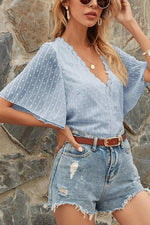 Lace V Neck Flares Short Sleeve Blouse