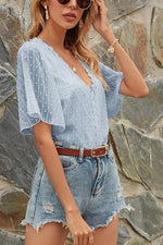 Lace V Neck Flares Short Sleeve Blouse