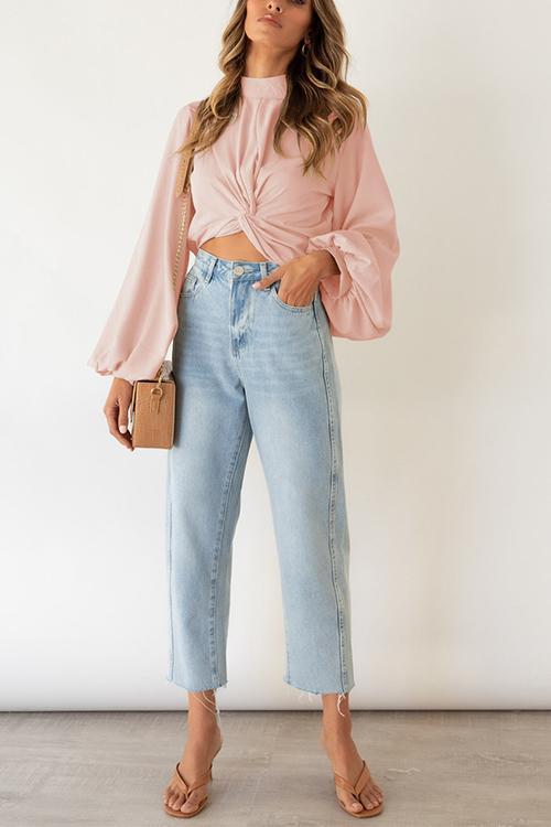 Knot Puff Sleeve Crop Blouse