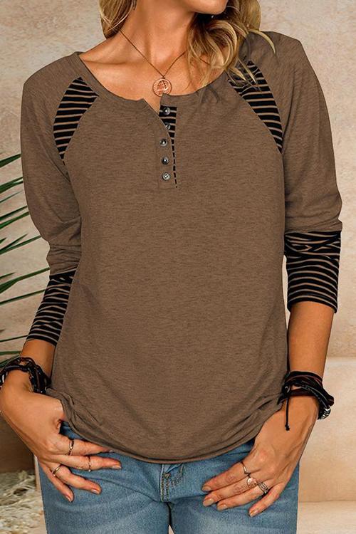 Stripe Patchwork Button Long Sleeve T Shirt