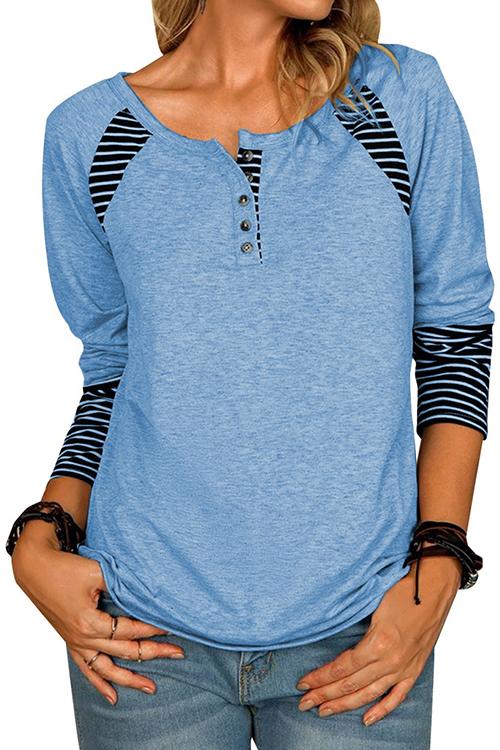 Stripe Patchwork Button Long Sleeve T Shirt