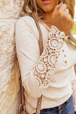 Button Lace Patchwork Long Sleeve T Shirt