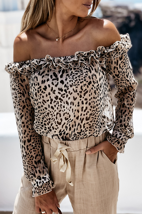 Off Shoulder Leopard Long Sleeve Blouse