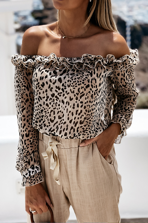 Off Shoulder Leopard Long Sleeve Blouse