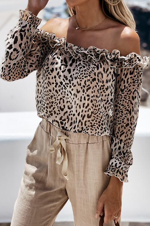 Off Shoulder Leopard Long Sleeve Blouse