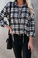 Plaid Lace Up Neck Blouse