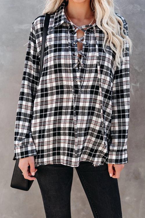 Plaid Lace Up Neck Blouse