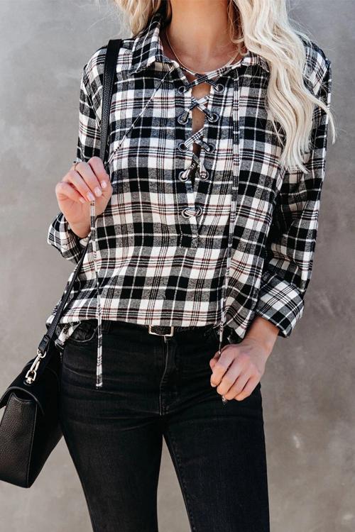 Plaid Lace Up Neck Blouse