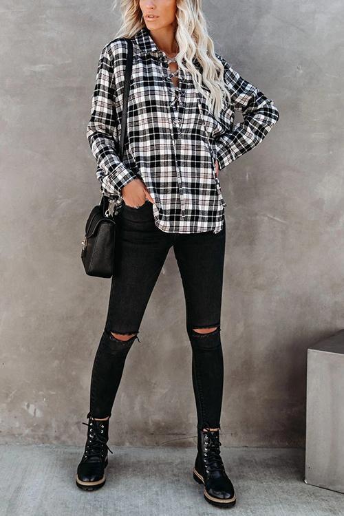 Plaid Lace Up Neck Blouse