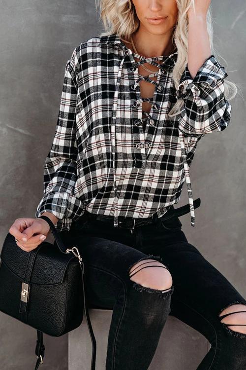 Plaid Lace Up Neck Blouse