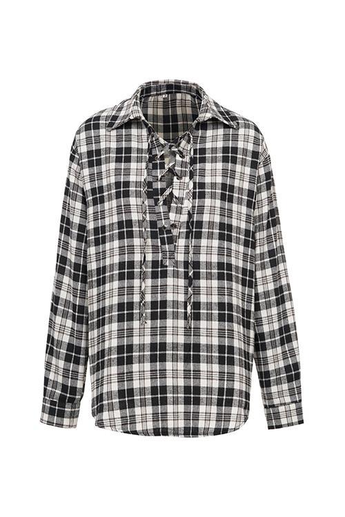 Plaid Lace Up Neck Blouse