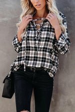 Plaid Lace Up Neck Blouse