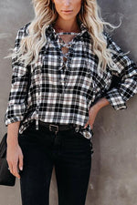 Plaid Lace Up Neck Blouse