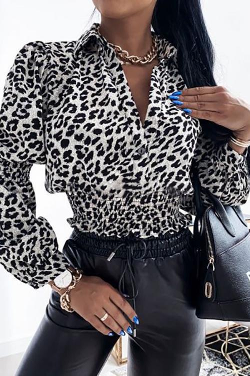 Leopard Elastic Smocked Waist Blouse