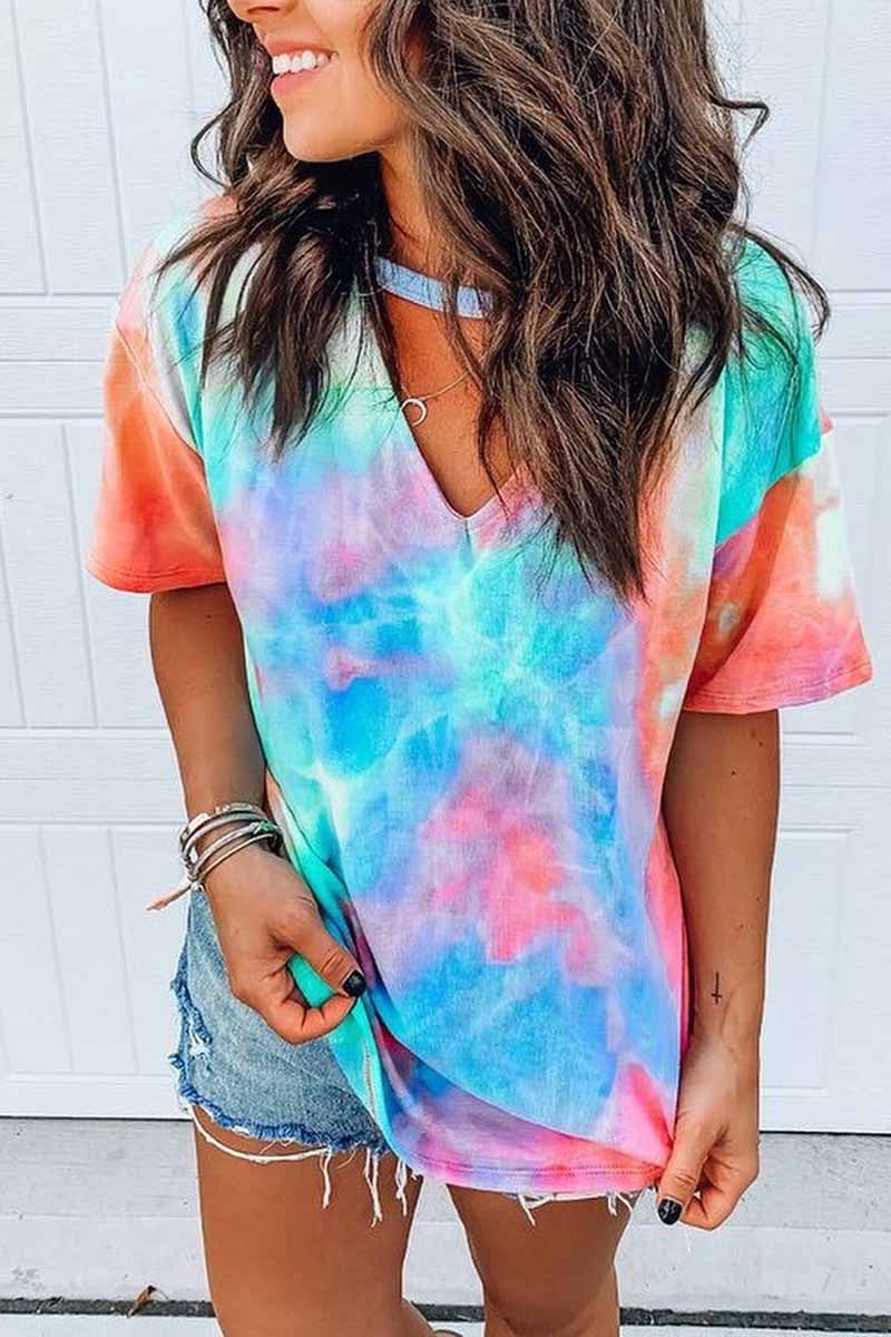 Florcoo Round Neck Tie-dye Loose T-shirt