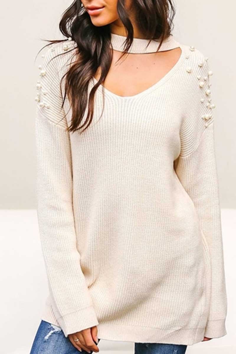 Florcoo Solid V Neck Knit Sweater
