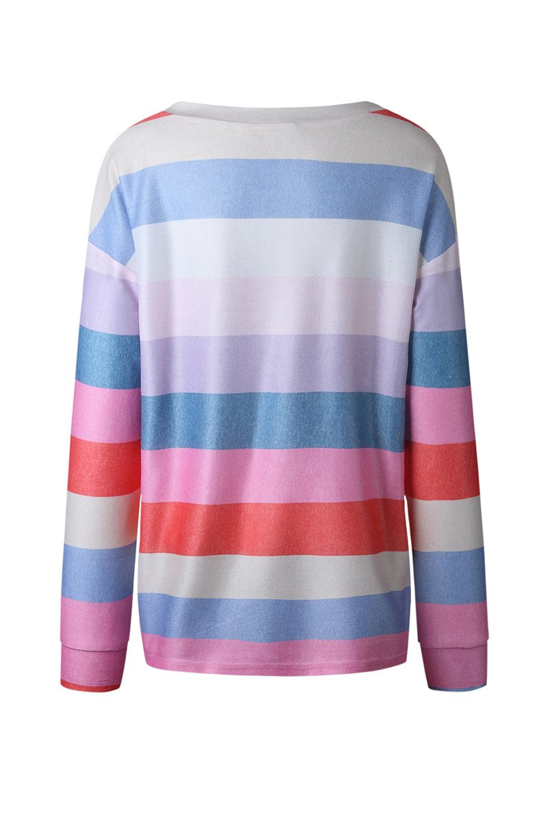 Florcoo Striped Tops Round Neck Long Sleeve Tops
