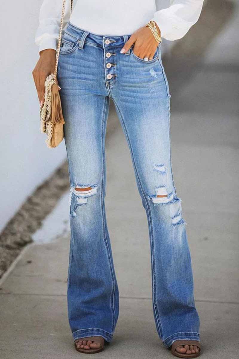 Florcoo Mid Rise Button Front Flare Denim Jeans