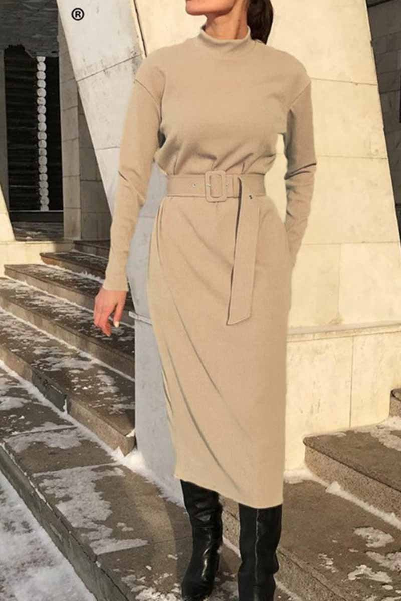 Florcoo Loose Long Sleeve Solid Color Midi Dresses