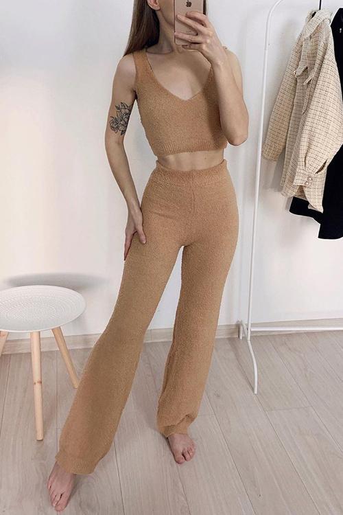 Fuzzy Tank Top Wide Leg Pants Set