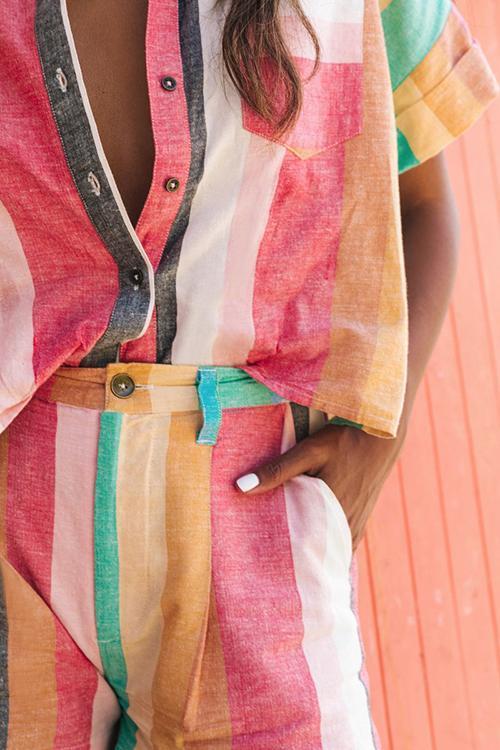 Colorful Stripe Button Shirt Shorts Set