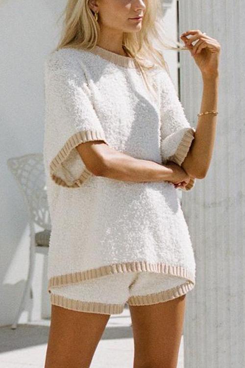 Fuzzy Half Sleeve Sweater Shorts Set