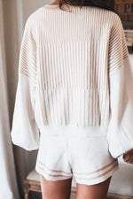 Gradient Stripe Puff Sleeve Sweater Shorts Set