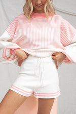 Gradient Stripe Puff Sleeve Sweater Shorts Set