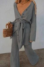 Button Belted Cardigan Pants Set