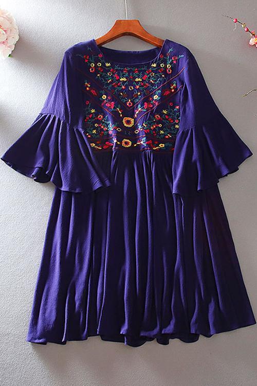 Flares Sleeve Embroidery Mini Dress