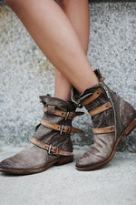 Boho Leather Buckle Ankle Flat Boot