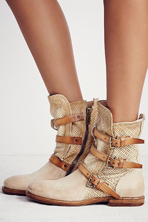 Boho Leather Buckle Ankle Flat Boot