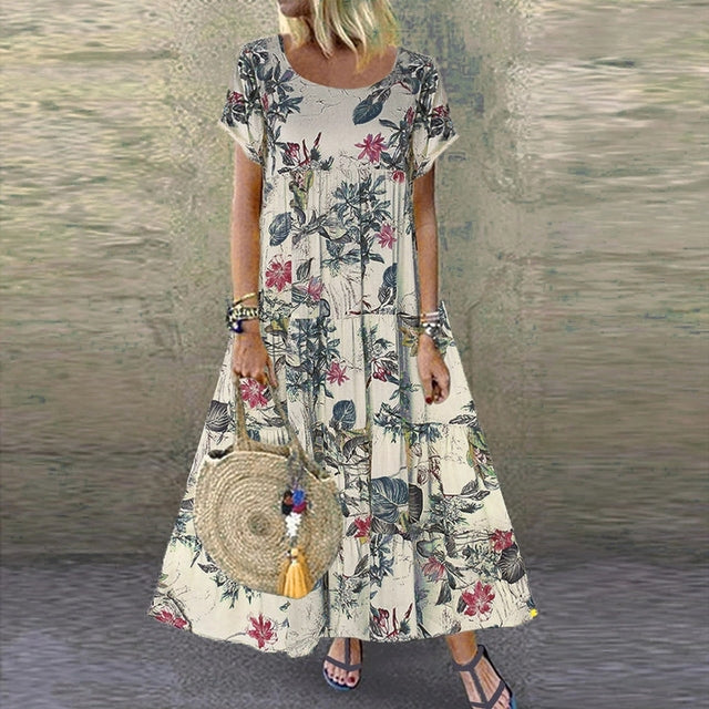 Vintage Floral Elegant Linen Short Sleeve Boho Maxi Dress