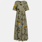 Vintage Floral Elegant Linen Short Sleeve Boho Maxi Dress