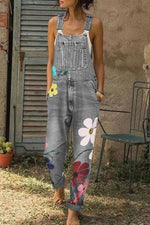 Flower-printed Baggy Jeans With Suspenders(3 Colors)
