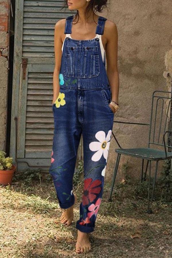 Flower-printed Baggy Jeans With Suspenders(3 Colors)