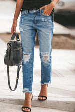 Non-stretch slim-fit ripped washed jeans