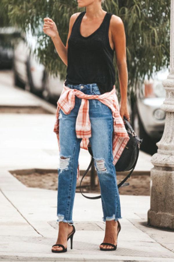 Non-stretch slim-fit ripped washed jeans