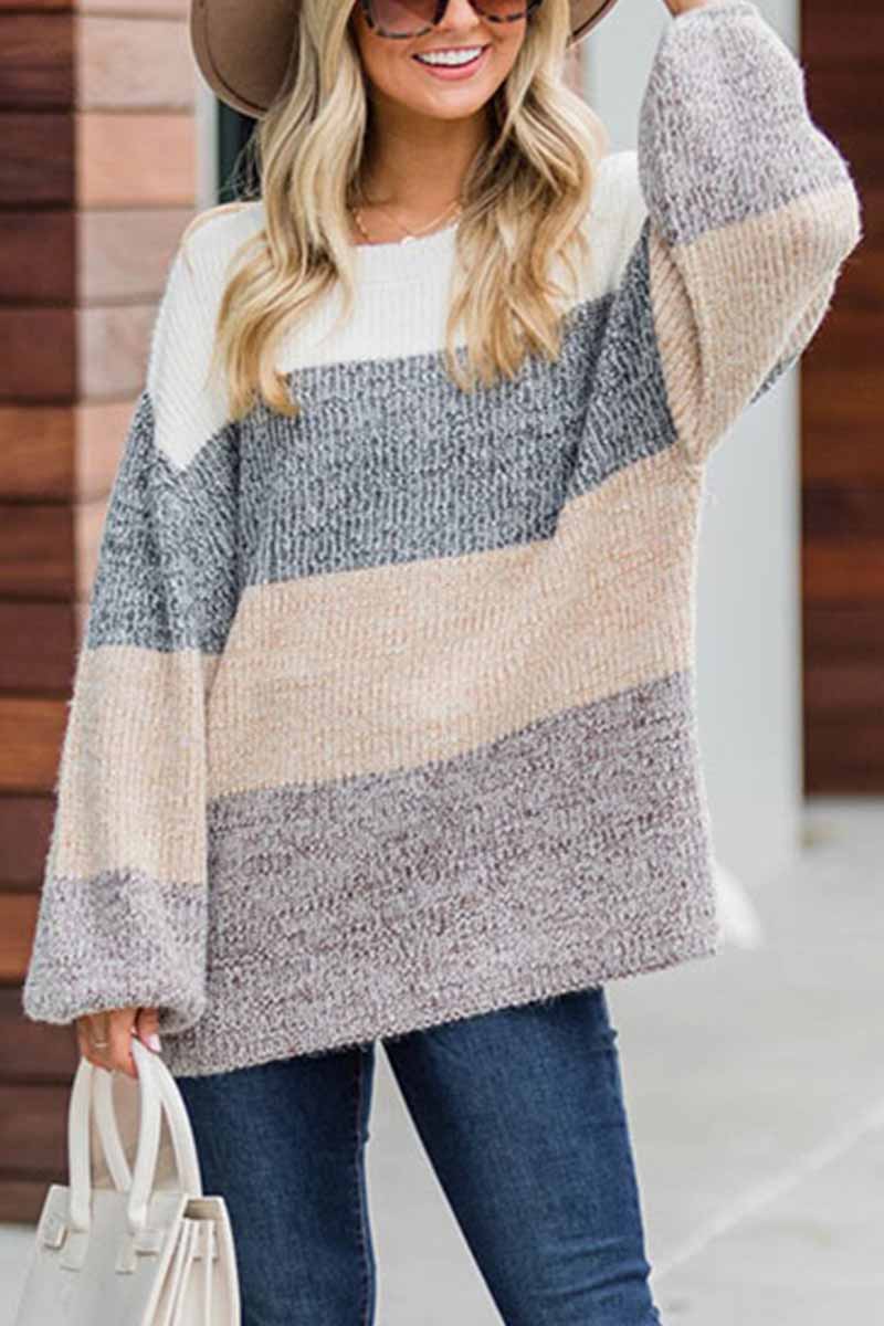 Contrast Striped Loose Round Neck Sweater