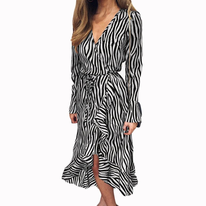 Zebra Print V Neck Beach Bohemian Maxi Dress