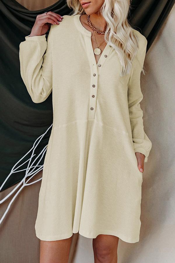 Thoughtful Reminder Ribbed Button Babydoll Dress