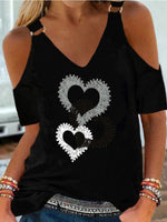Women's T-Shirts Heart V-Neck Off-Shoulder T-Shirt