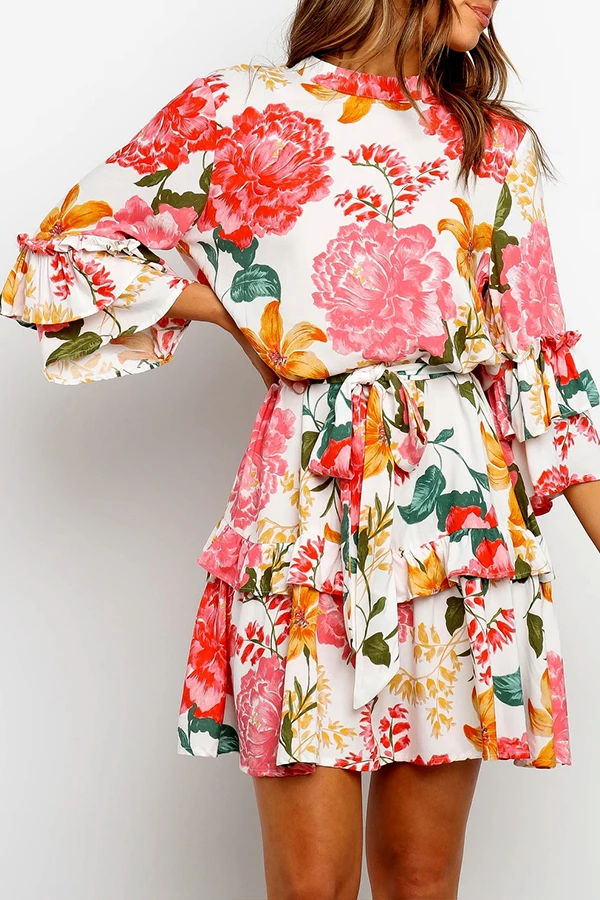 Tiered Sleeve Floral Print Round Collar Pleated Dress