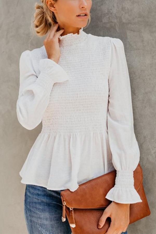 Ruffled Pleated High-neck Blouse