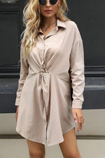 Solid Color Lapels and Twisted Long-sleeved Bottoming Dress