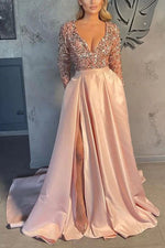 Gorgeous Long Sleeves V-Neck Sequ Satin Prom Dress